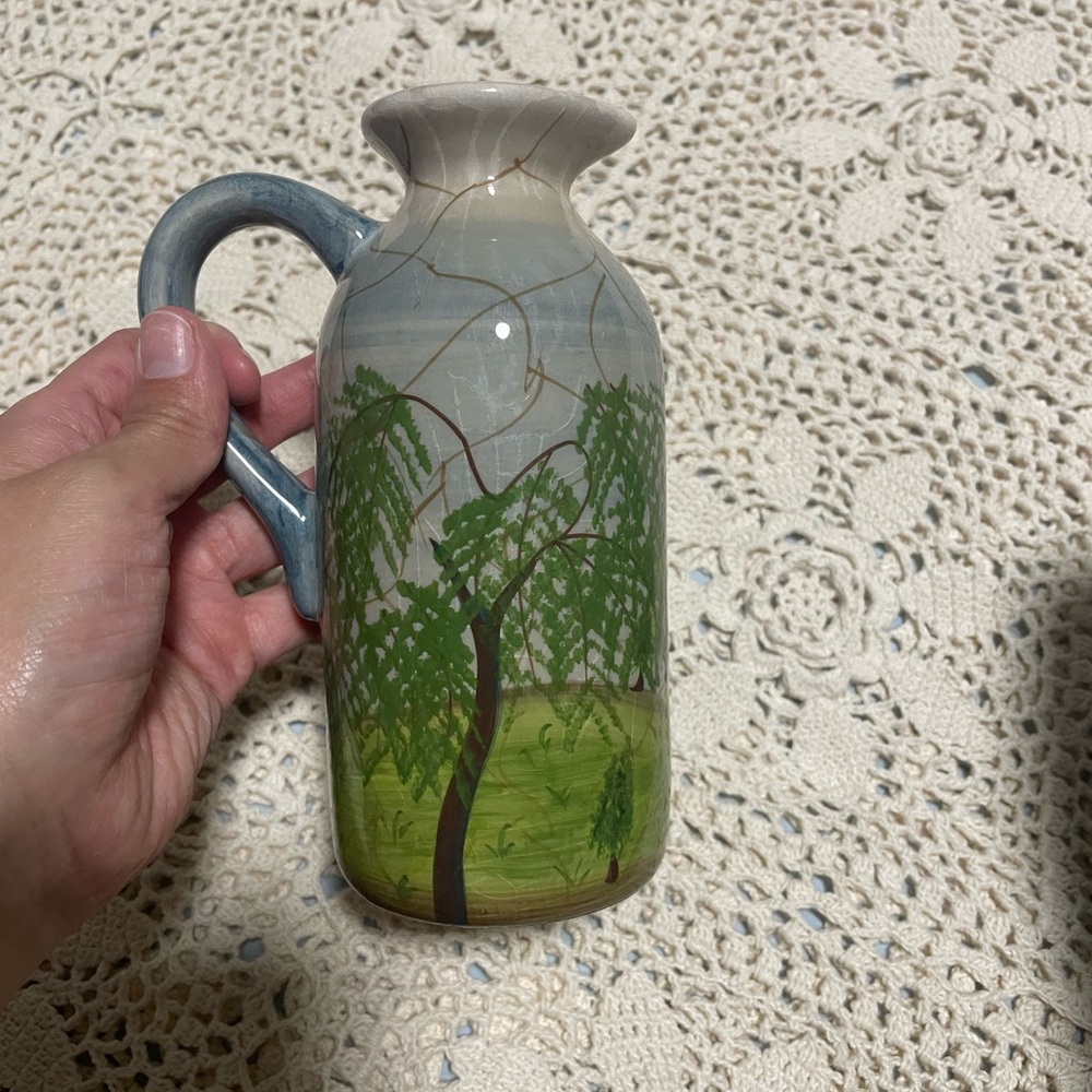 Vintage Handcrafted Ceramic Vase with Green Tree Design